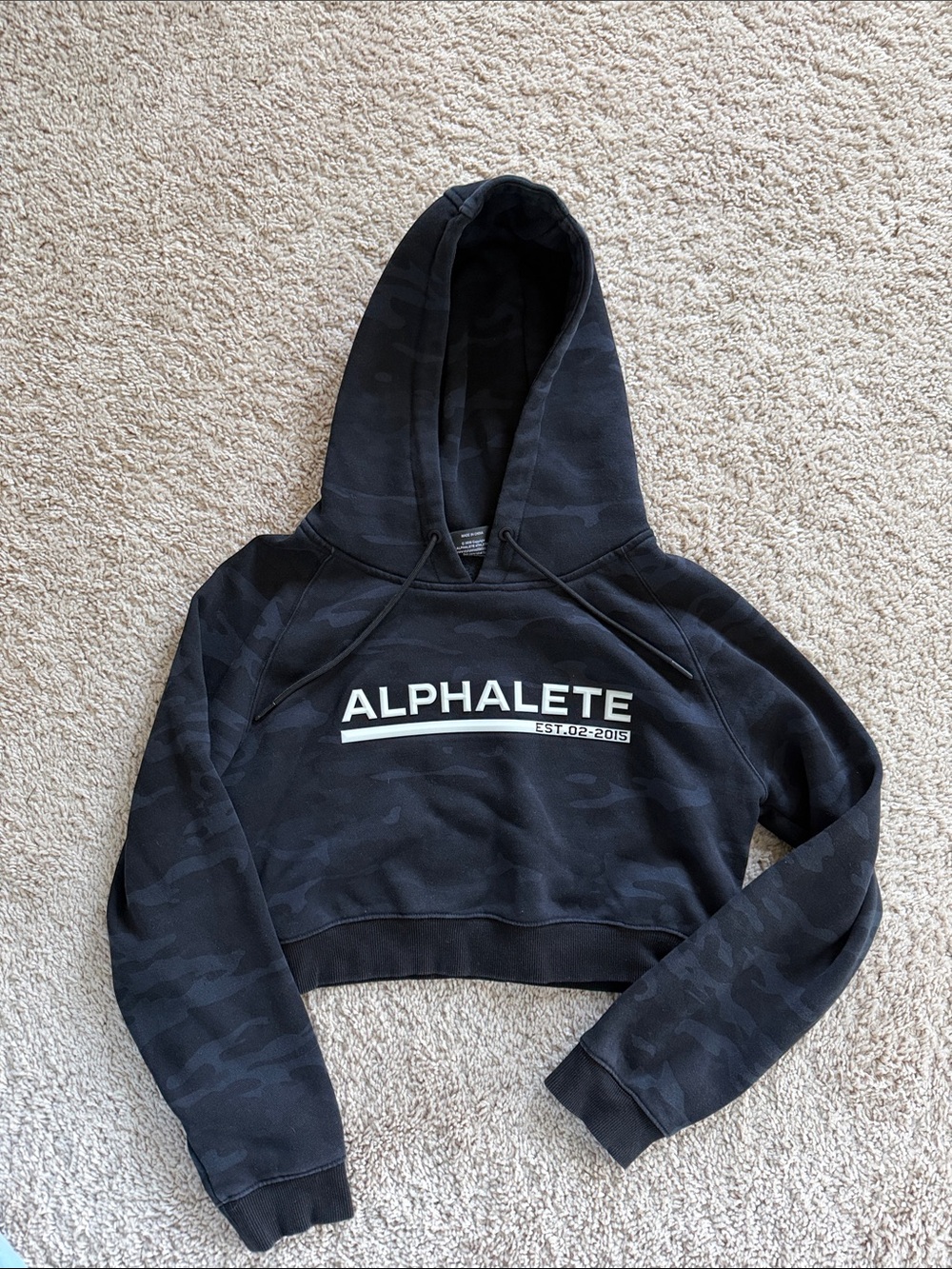 Alphalete Black Camo Cropped Hoodie with White Logo
